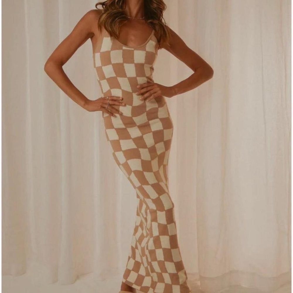 Peppermayo Beige and White Checkered Dress